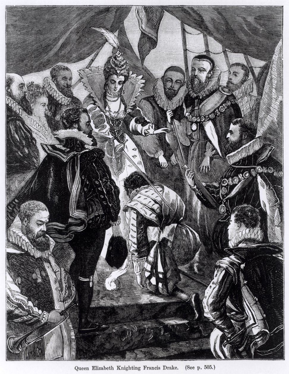 الملكة إليزابيث الأولى (1530-1603) الفارس فرانسيس دريك (c.1540-96) في 1581 بواسطة مدرسة اللغة الإنجليزية