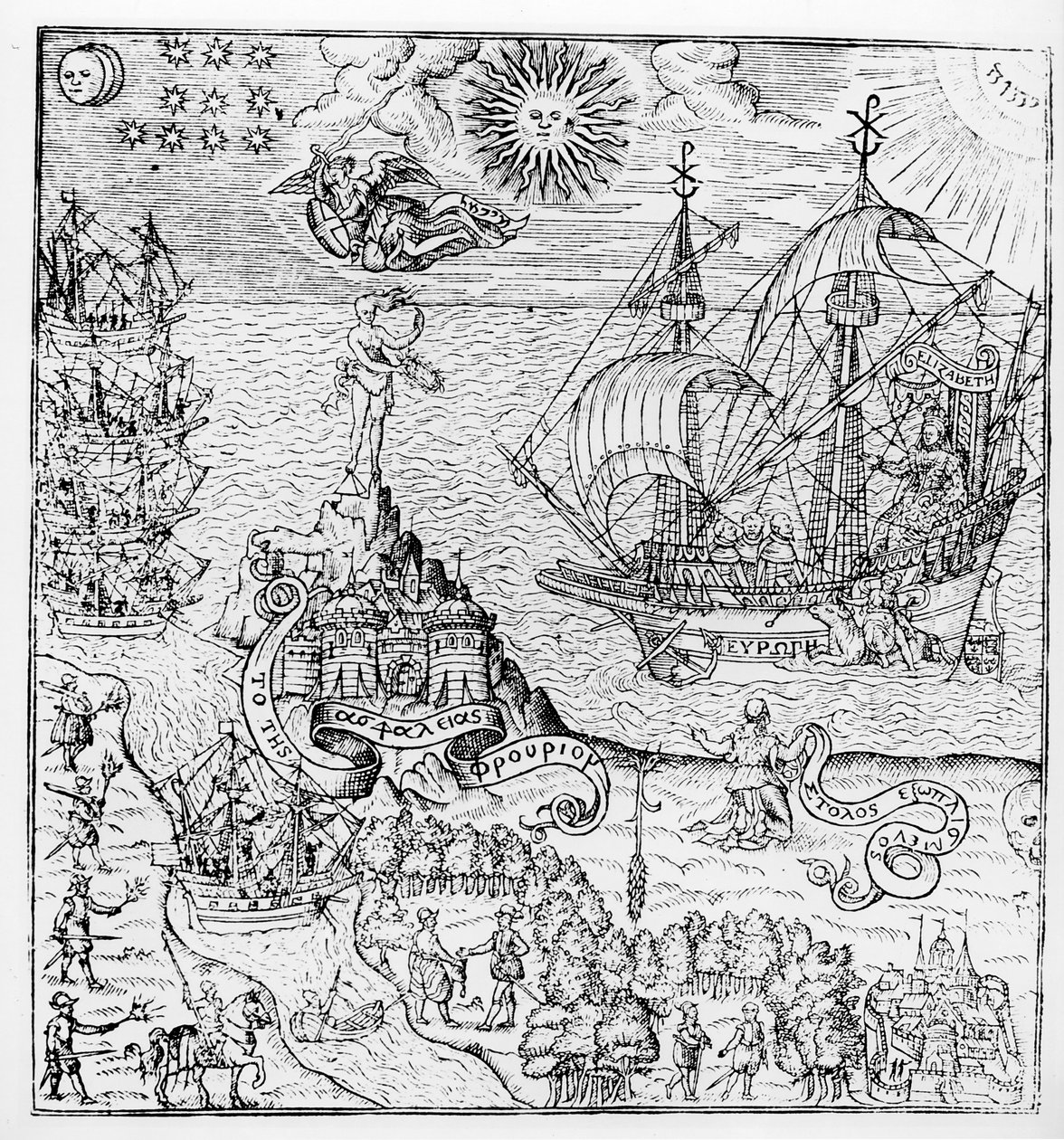 الملكة إليزابيث الأولى (1553-1603) على متن سفينة بواسطة مدرسة اللغة الإنجليزية