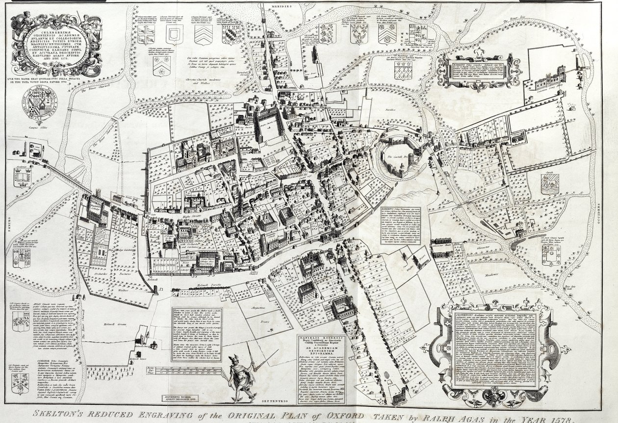 RSOS168 ، Frontispiece to Oxonia antiqua restaurata ، منظر عين الطيور لأكسفورد ، نسخة مخفضة من الأصل بواسطة Ralph أو Radulph Agas (c.1540-1621) لعام 1578 ، بقلم جوزيف سكيلتون ، أكسفورد ، محفورة بـ W بواسطة مدرسة اللغة الإنجليزية