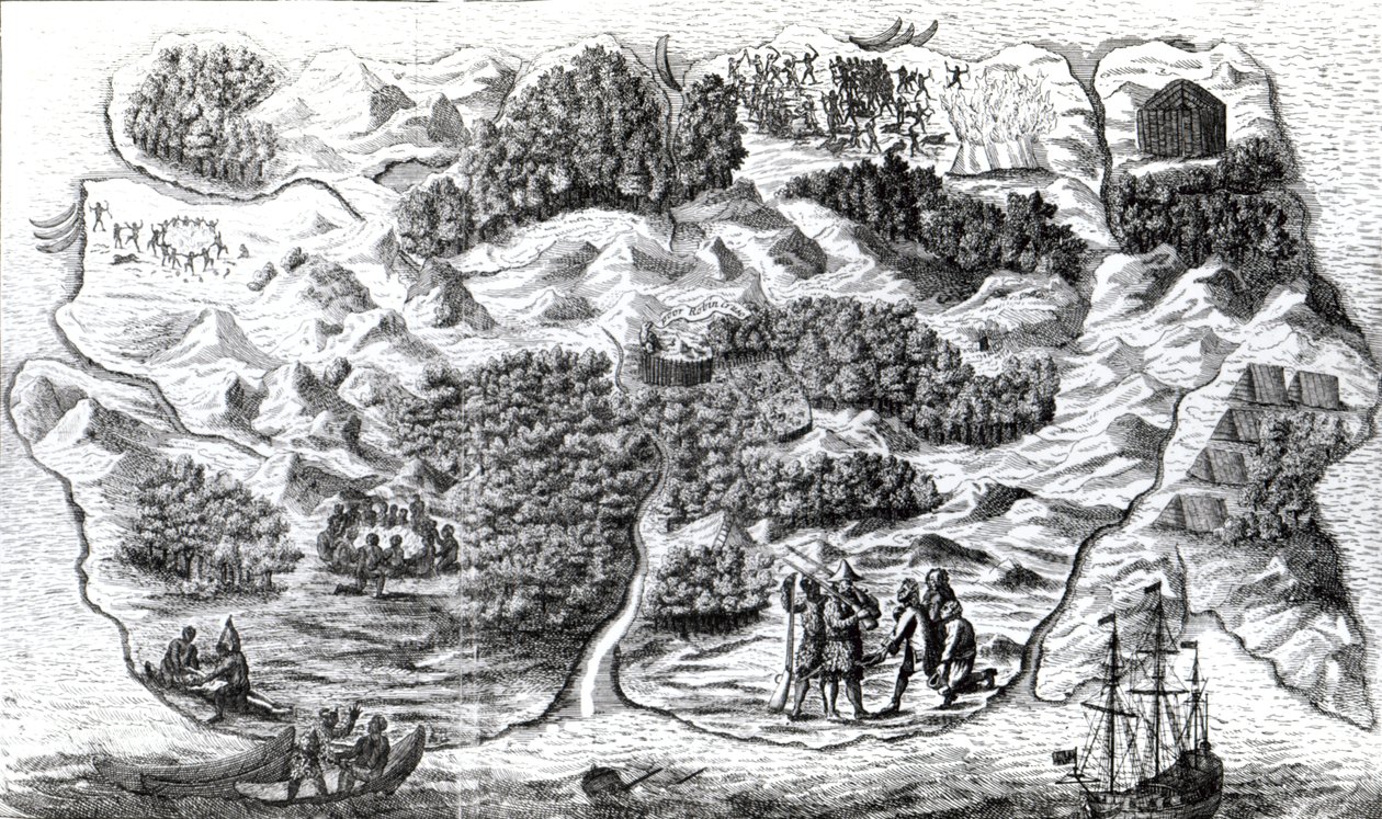 جزيرة روبنسون كروزو ، نقشها كلارك وباين ، 1719 بواسطة مدرسة اللغة الإنجليزية