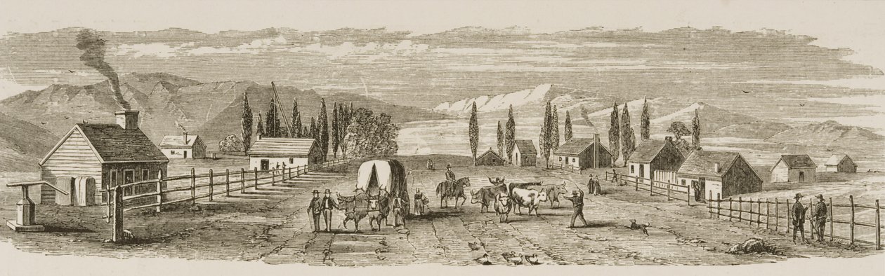 سولت ليك سيتي في عام 1850 ، من "الصور الأمريكية" ، نشرتها جمعية المسالك الدينية ، 1876 بواسطة مدرسة اللغة الإنجليزية