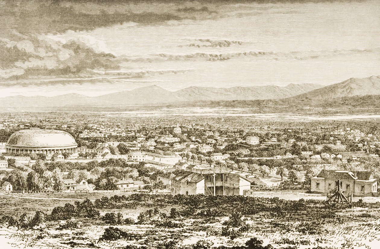 سولت ليك سيتي في عام 1870 ، من "الصور الأمريكية" ، نشرتها جمعية المسالك الدينية ، 1876 بواسطة مدرسة اللغة الإنجليزية