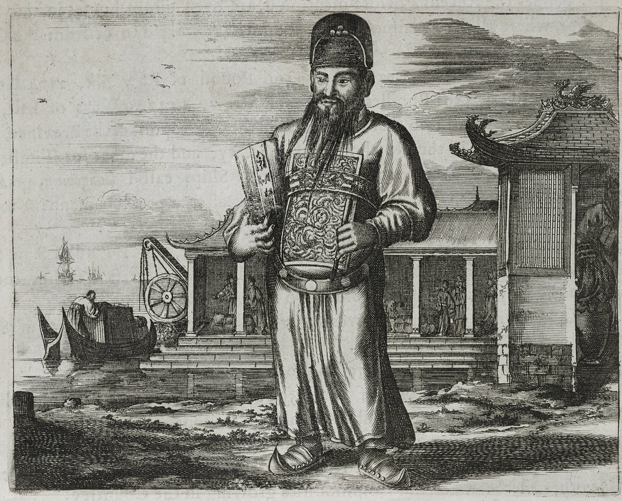 موظف كبير في الخدمة المدنية يجمع الضرائب ، توضيح من وصف السفارات إلى الصين ، 1690 بواسطة مدرسة اللغة الإنجليزية