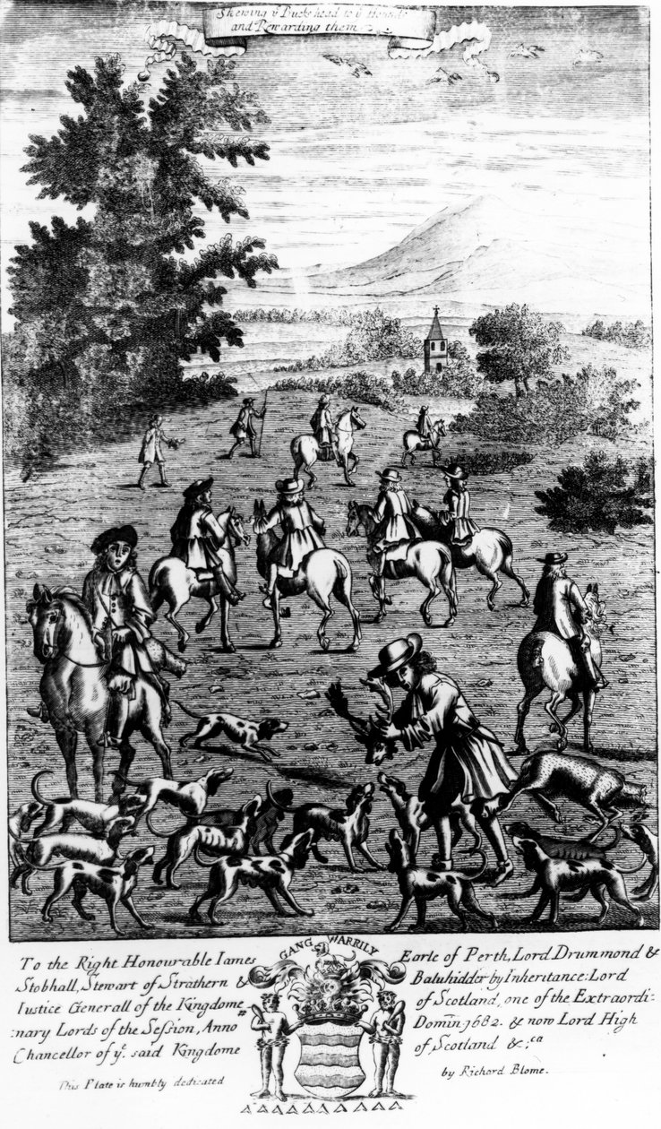 عرض رأسك على كلاب الصيد ومكافأتها ، من "منتزه الجنتلمان" الذي نشره ريتشارد بلوم ، 1686 بواسطة مدرسة اللغة الإنجليزية