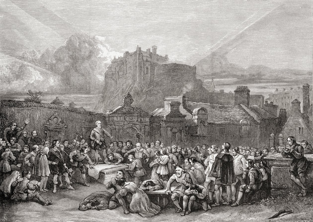 توقيع العهد في Greyfriars Churchyard ، إدنبرة عام 1638 ، من "الصور الاسكتلندية المرسومة بالقلم والقلم الرصاص" ، بقلم صامويل ج. جرين ، نُشر عام 1886 بواسطة مدرسة اللغة الإنجليزية