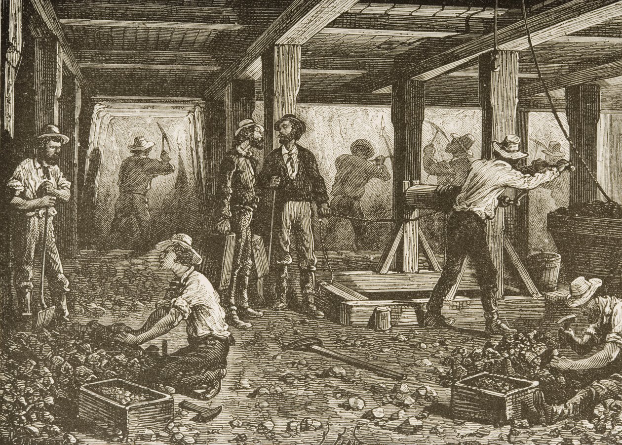 التعدين الفضي في نيفادا ، c.1870 ، من "الصور الأمريكية" ، نشرته جمعية المسالك الدينية ، 1876 بواسطة مدرسة اللغة الإنجليزية