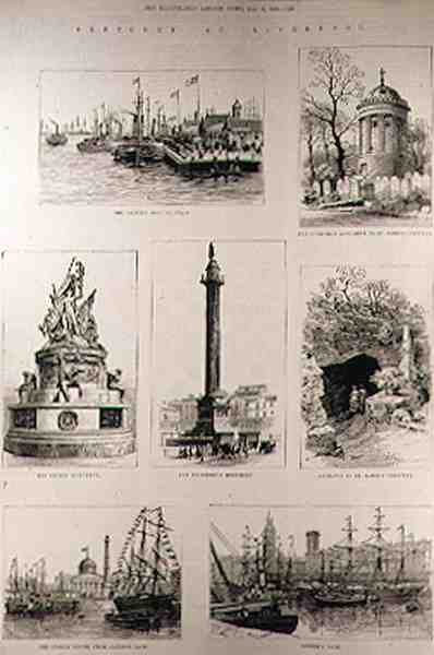 اسكتشات في ليفربول: The Princes Landing Stage ؛ نصب هوسكسون التذكاري في مقبرة القديس جاميس ؛ نصب نيلسون التذكاري ؛ نصب ويلينغتون. مدخل مقبرة القديس جاميس ؛ البيت المخصص من كاليفورنيا بواسطة مدرسة اللغة الإنجليزية