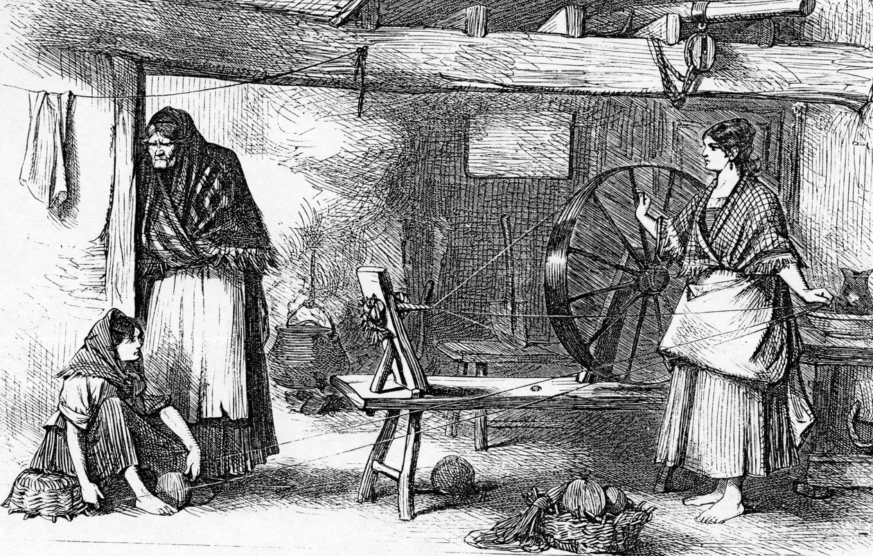 الغزل الخيط الصافي في كلاداغ ، غالواي ، رسم توضيحي من "أخبار لندن المصورة" ، 16 يوليو 1870 بواسطة مدرسة اللغة الإنجليزية