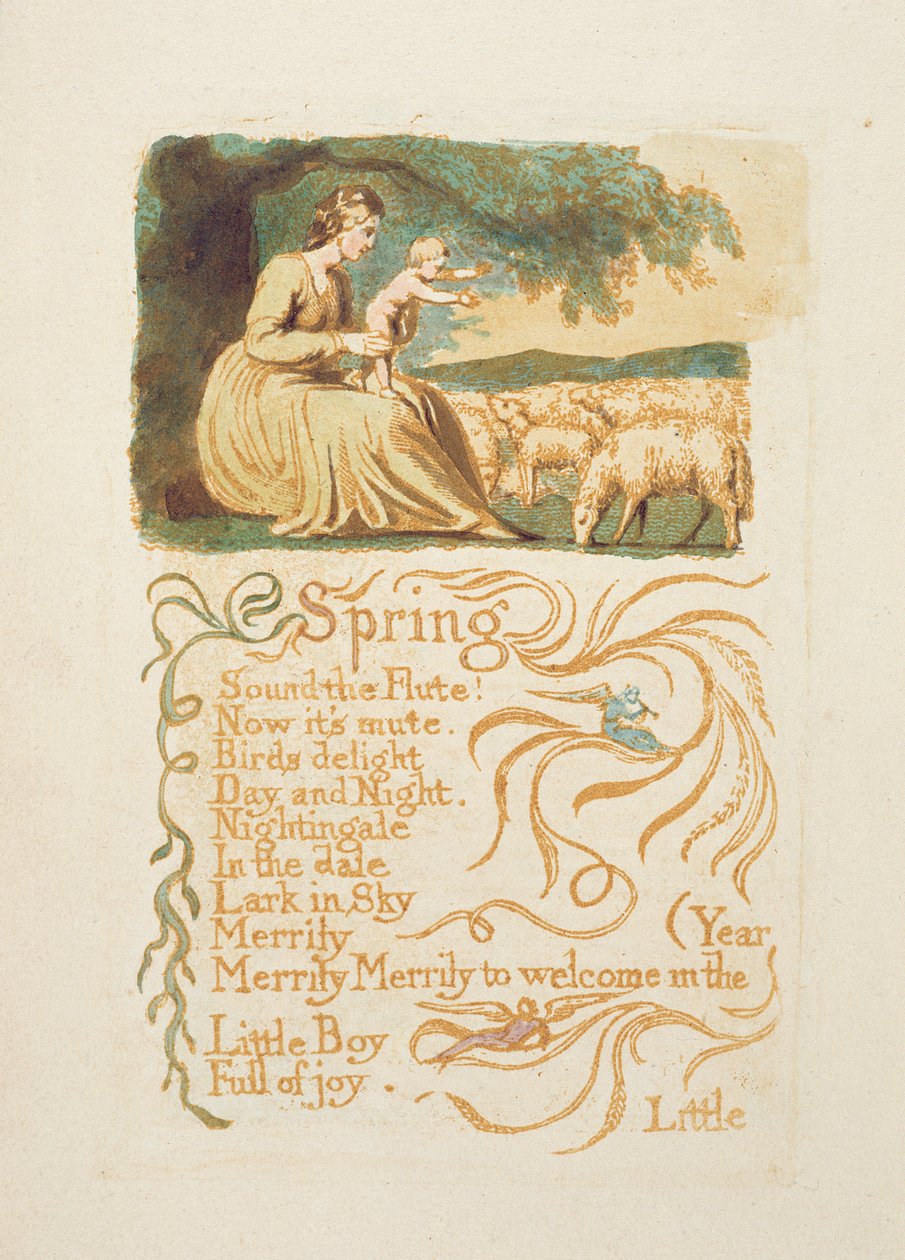 "الربيع" ، اللوحة 12 من "أغاني البراءة والخبرة" ، بعد ويليام بليك (1757-1827) c.1808 (مرحاض بالقلم والحبر البني) بواسطة مدرسة اللغة الإنجليزية