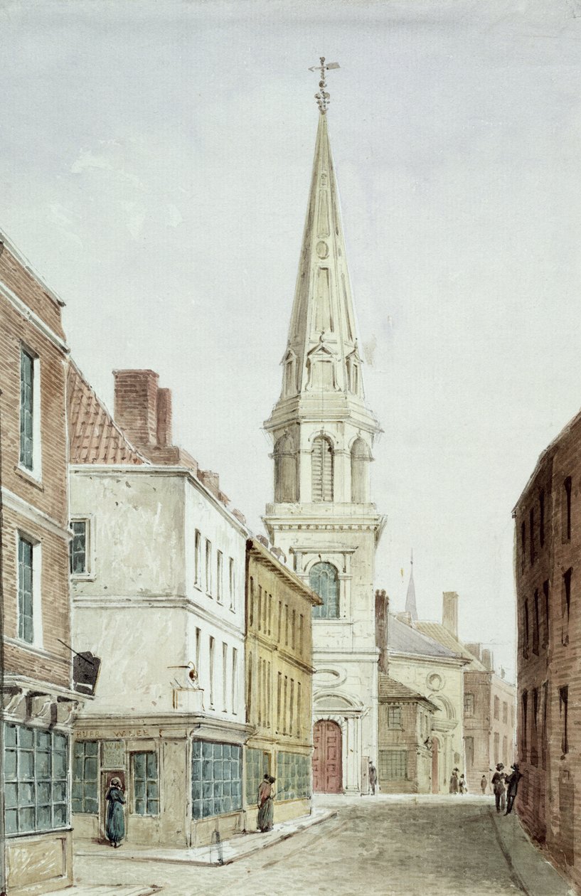 كنيسة سانت أنتولينز ، منظر من الغرب على طول شارع واتلنج ، c.1850 (مرحاض على ورق) بواسطة مدرسة اللغة الإنجليزية