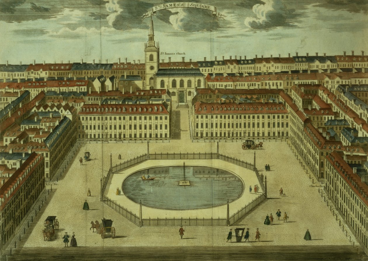 ساحة سانت جاميس ، عن Stows Survey of London ، حانة. 1754 بواسطة مدرسة اللغة الإنجليزية
