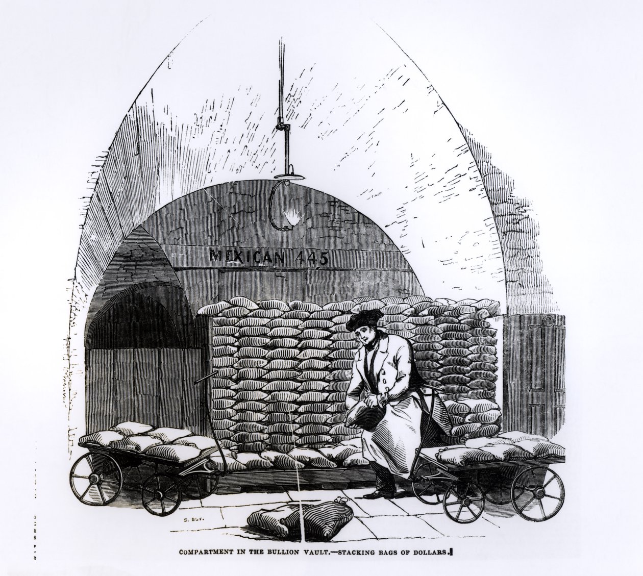 أكياس التراص بالدولار في حجرة في Bullion Vault ، من "أخبار لندن المصورة" المنشورة في 8 مارس 1845 بواسطة مدرسة اللغة الإنجليزية