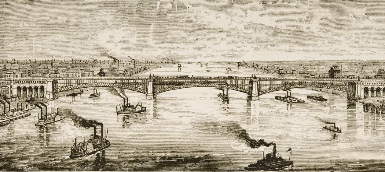جسر فولاذي يعبر نهر المسيسيبي في سانت لويس ، c.1874 ، من "الصور الأمريكية" ، نشرته جمعية المسالك الدينية ، 1876 بواسطة مدرسة اللغة الإنجليزية
