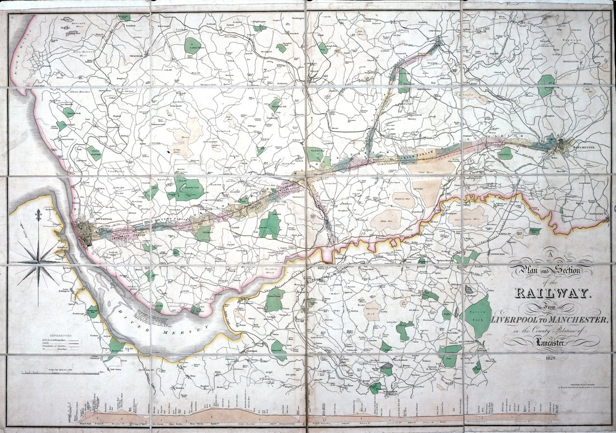 خريطة ستيفنسون للسكك الحديدية ليفربول ومانشستر ، c.1824-1830 بواسطة مدرسة اللغة الإنجليزية