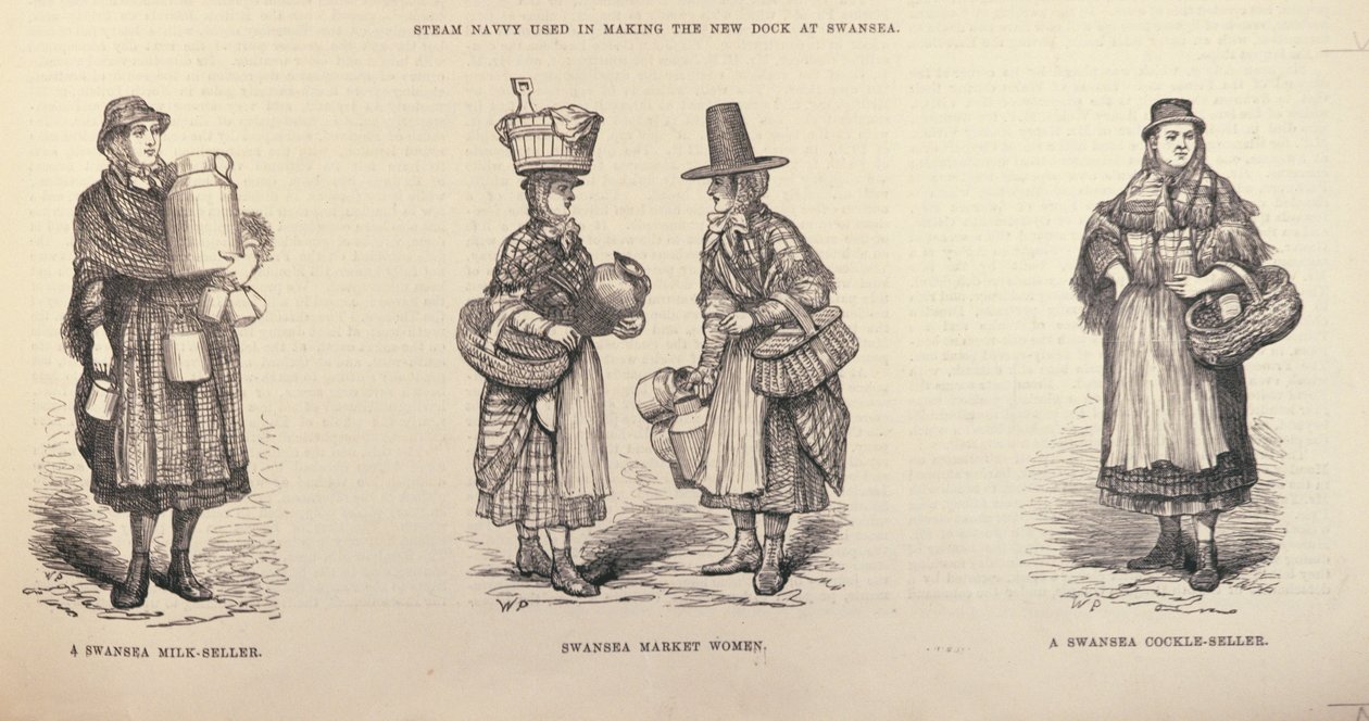 Swansea Milk-Seller ، Swansea Market Woman and Swansea Cockle-Seller ، من "The Illustrated London News" ، 22 أكتوبر 1881 بواسطة مدرسة اللغة الإنجليزية
