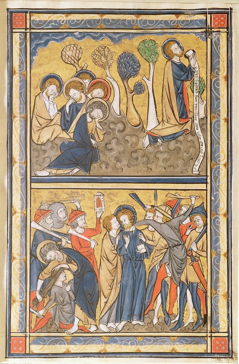 عذاب في الحديقة وخيانة المسيح ، ورقة من مزامير ، c.1270 (درجة حرارة ، حبر وذهب ورقة على الرق) بواسطة مدرسة اللغة الإنجليزية