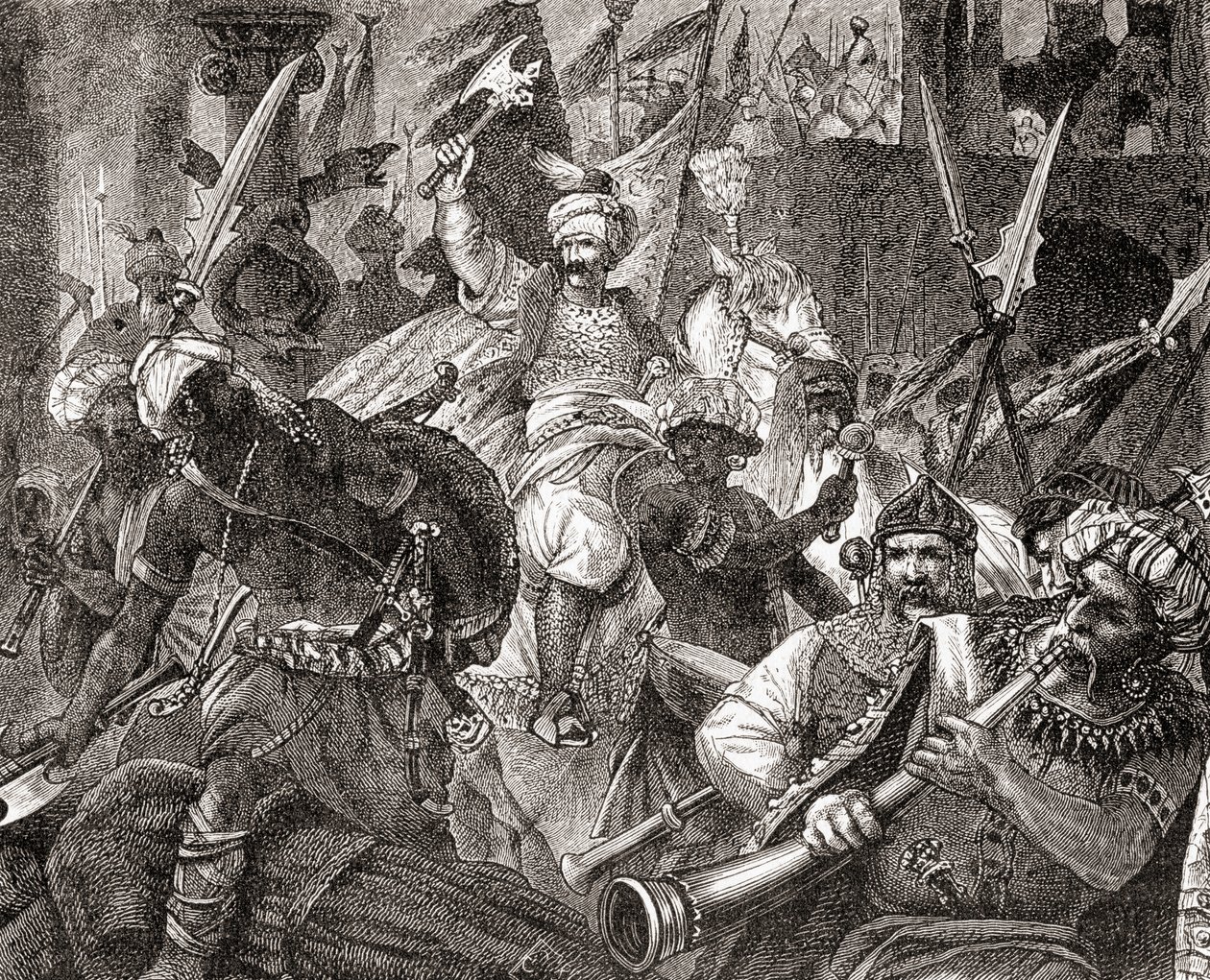 معركة Alcacer Quibir الملقبة Battle of Three Kings أو Battle Oued Al-Makhazin ، شمال المغرب ، 4 أغسطس 1578 ، من Ward and Locks Illustrated History of the World ، pub. ج 1882 بواسطة مدرسة اللغة الإنجليزية
