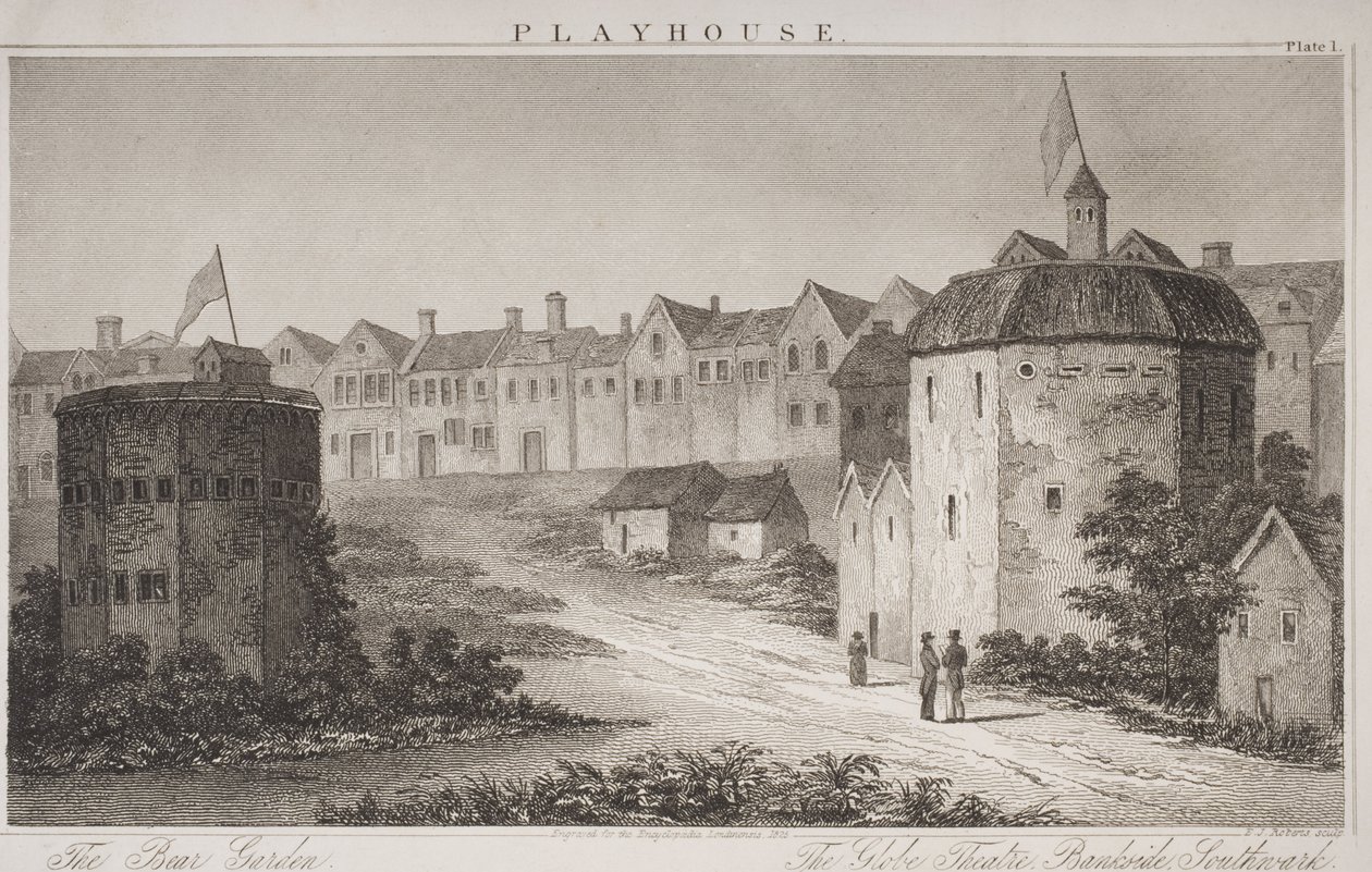 The Bear Garden و The Globe Theatre ، من `` Encyclopaedia Londinensis &39;&39; ، نقشها EJ Roberts ، 1825 بواسطة مدرسة اللغة الإنجليزية