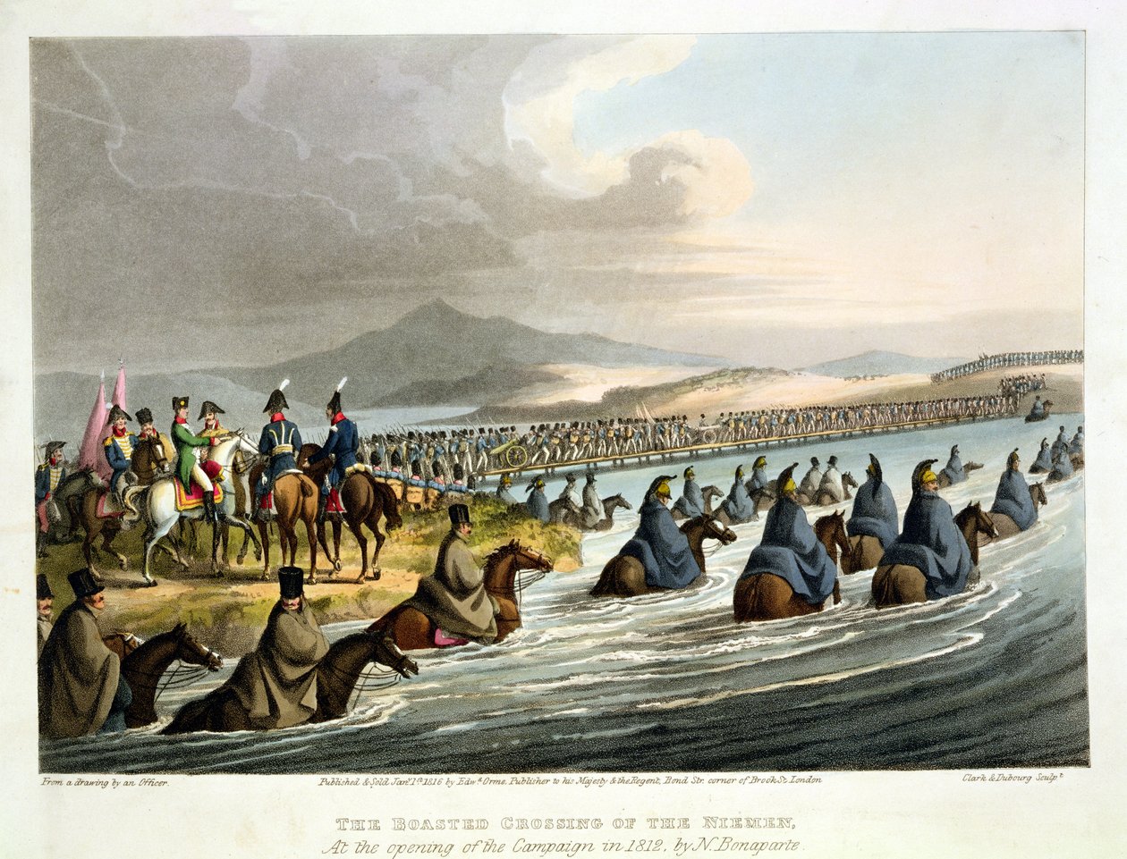 المعبر المدمر لنيمن في افتتاح الحملة عام 1812 من قبل ن.بونابرت ، من رسم ضابط ، نقشه جون هيفيسايد كلارك (c.1771-1863) وماثيو دوبورج (fl.1813-20) بواسطة مدرسة اللغة الإنجليزية
