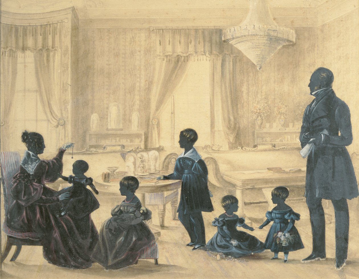 عائلة Burrell في منزلهم في دورهام ، c.1820 (مرحاض مع الصور الظلية التطبيقية) بواسطة مدرسة اللغة الإنجليزية