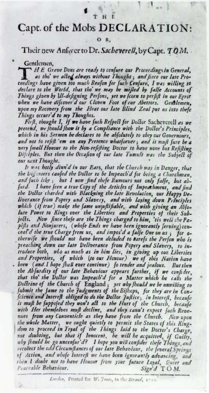 نقيب إعلان الغوغاء ، أو جوابهم الجديد للدكتور ساتشيفيريل ، للكابتن توم ، 1710 (طباعة) بواسطة مدرسة اللغة الإنجليزية