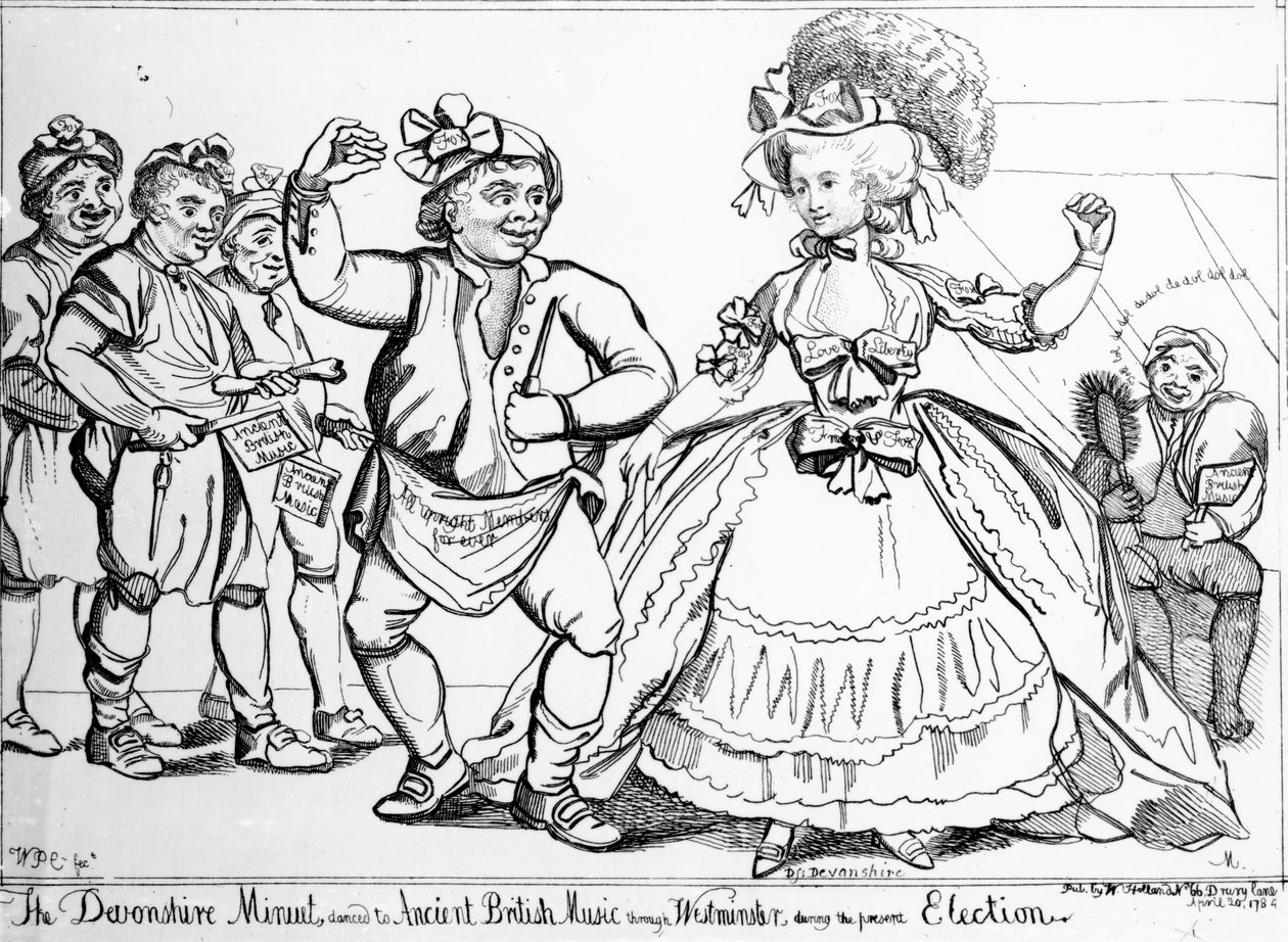 ال Devonshire Minuet ، رقصت على الموسيقى البريطانية القديمة من خلال وستمنستر خلال الانتخابات ، مطبوعة من قبل ويليام بوليت كاري ، 1784 بواسطة مدرسة اللغة الإنجليزية