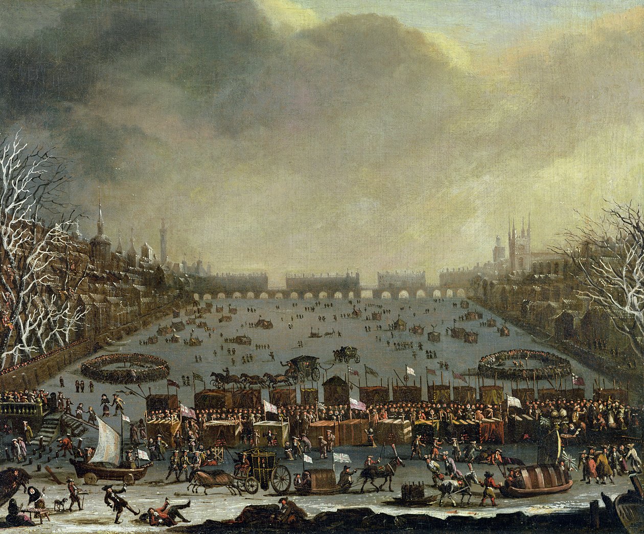 معرض الصقيع للشتاء 1683-4 على نهر التايمز ، مع جسر لندن القديم في المسافة. ج .1685 بواسطة مدرسة اللغة الإنجليزية