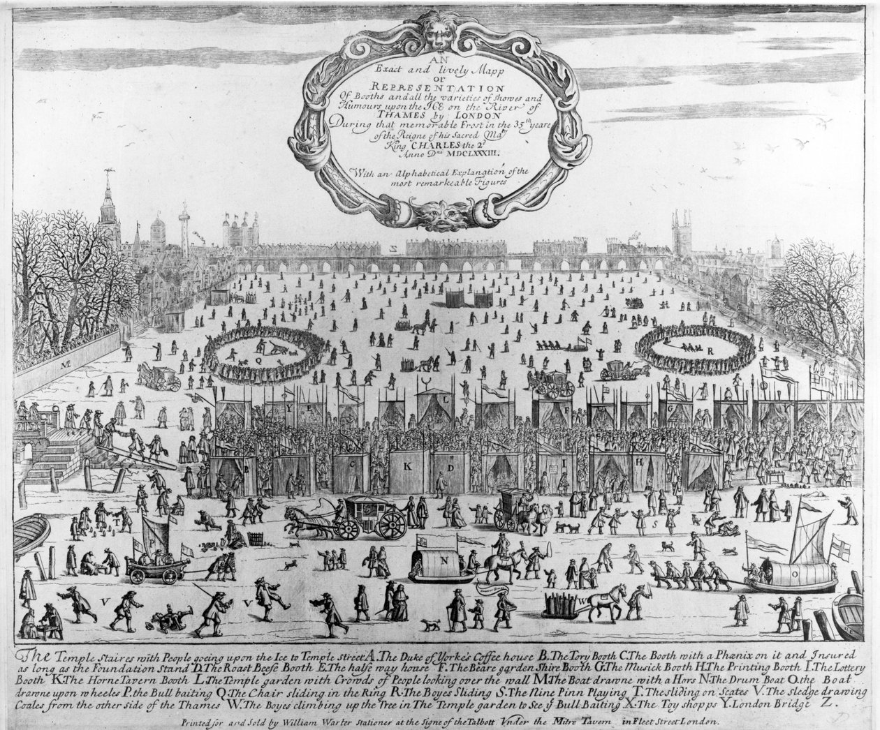 معرض الصقيع للشتاء 1683-84 على نهر التايمز ، مع جسر لندن القديم في المسافة. ج .1664 بواسطة مدرسة اللغة الإنجليزية