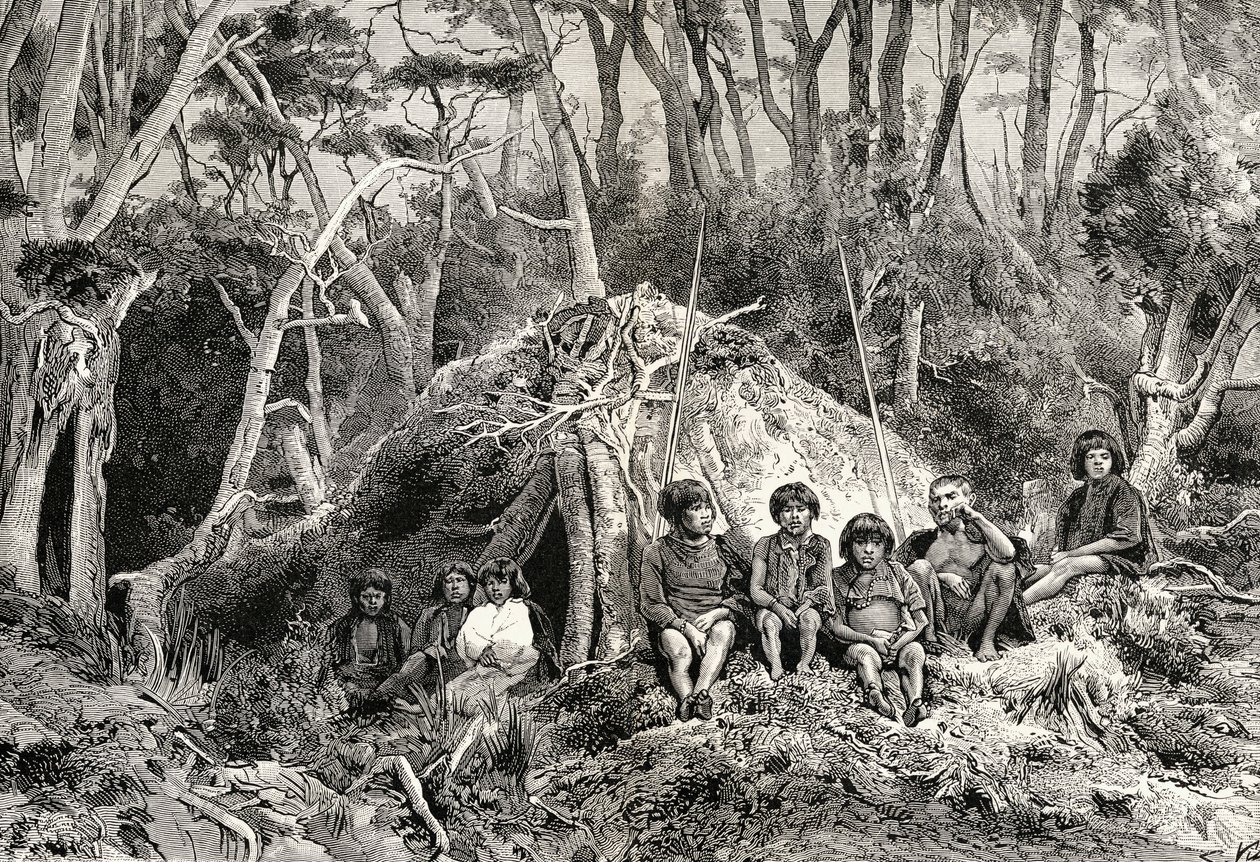 الفويجيون و wigwams ، من "Journal of Researches" بقلم تشارلز داروين (1809-82) نشر لندن 1890 بواسطة مدرسة اللغة الإنجليزية