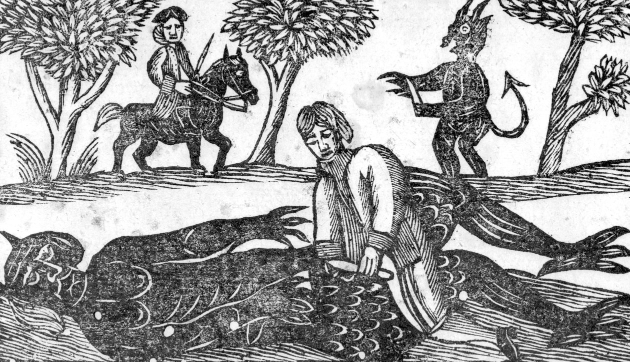 لَحْم الشيطان ، رسم توضيحي من "كتاب Roxburghe Ballads" بواسطة مدرسة اللغة الإنجليزية