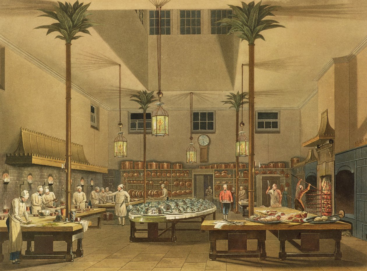المطبخ العظيم ، من "مناظر الجناح الملكي ، برايتون" لجون ناش (1752-1835) 1826 (ألوان مائية) بواسطة مدرسة اللغة الإنجليزية