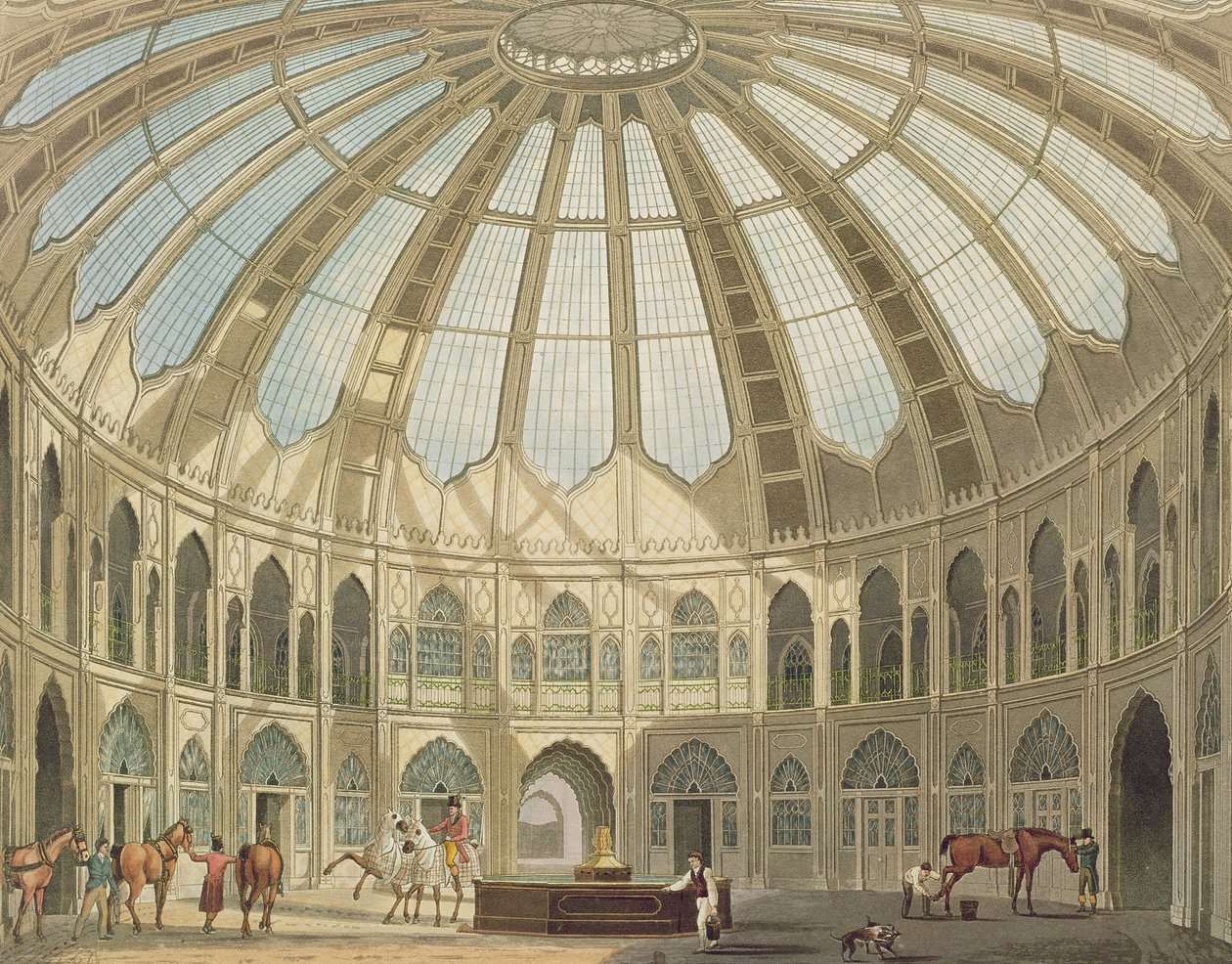 داخل الاسطبلات ، من مناظر الجناح الملكي ، برايتون لجون ناش (1752-1835) 1826 (أكواتينت) بواسطة مدرسة اللغة الإنجليزية
