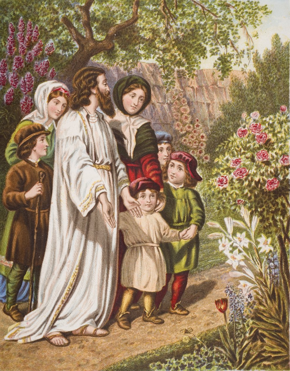 المترجم مع الحجاج في الحديقة ، رسم توضيحي من "تقدم الحجاج" لجون بونيان (1628-1688) بواسطة مدرسة اللغة الإنجليزية