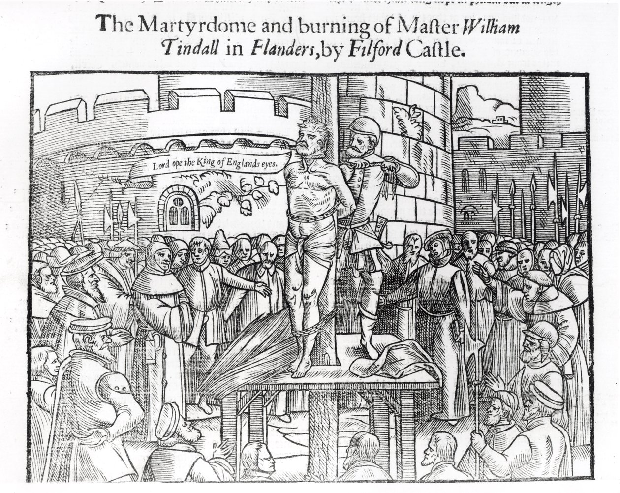 The Martydome and Burning of Master William Tindall (c.1494-1536) في فلاندرز ، بواسطة Filford Castle ، من `` Acts and Monuments &39;&39; بواسطة John Foxe (1516-87) 1563 بواسطة مدرسة اللغة الإنجليزية