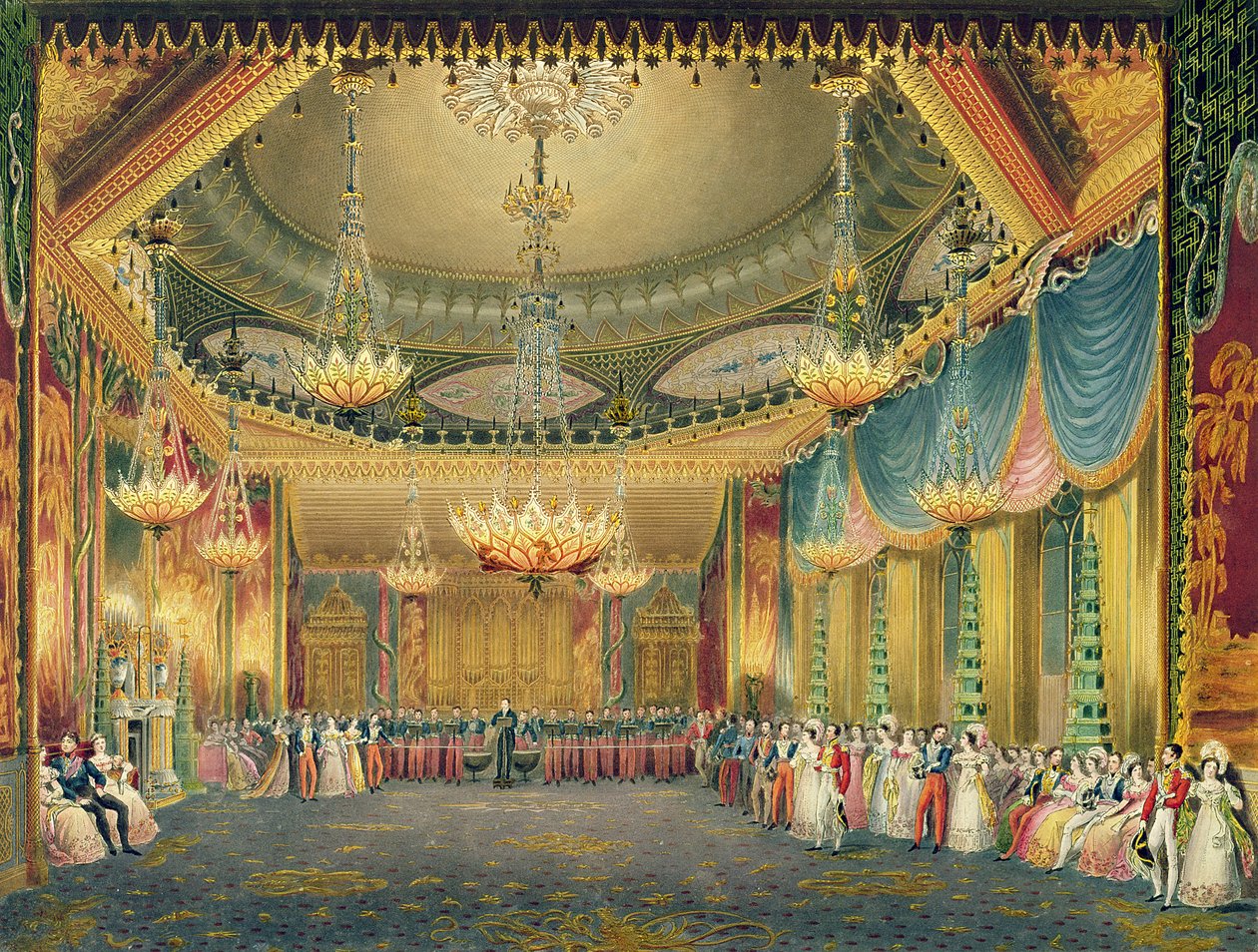 غرفة الموسيقى ، من مناظر الجناح الملكي ، برايتون لجون ناش (1752-1835) 1826 (أكواتينت) بواسطة مدرسة اللغة الإنجليزية