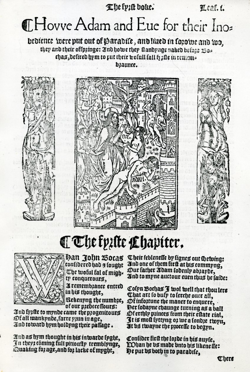 قصة آدم وحواء من كتاب De Casibus Virorum Illustrium من Boccaccio ، الطبعة الإنجليزية المنشورة عام 1527 بواسطة مدرسة اللغة الإنجليزية