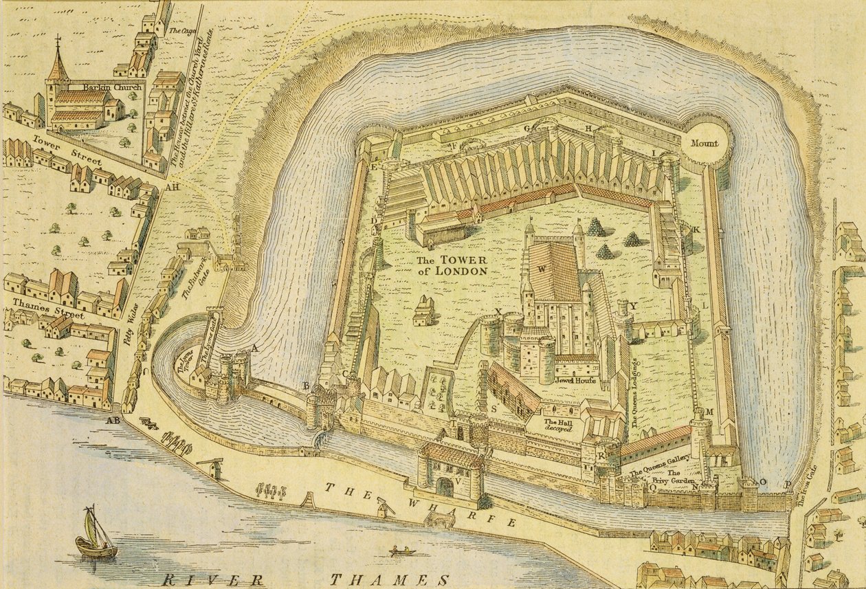 برج لندن ، من مسح أجري عام 1597 من قبل دبليو هايوارد وجيه جاسكوين بواسطة مدرسة اللغة الإنجليزية