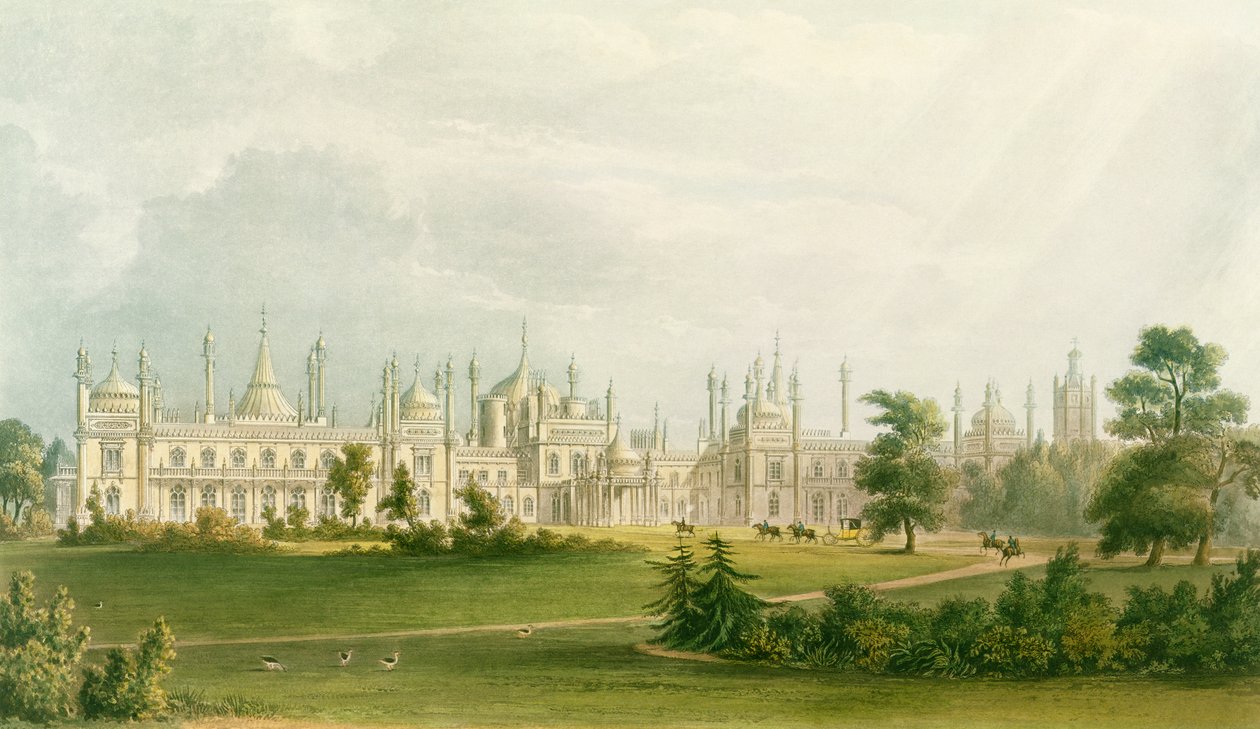 الجبهة الغربية ، من مناظر الجناح الملكي ، برايتون لجون ناش (1752-1835) ، 1826 (أكواتينت) بواسطة مدرسة اللغة الإنجليزية