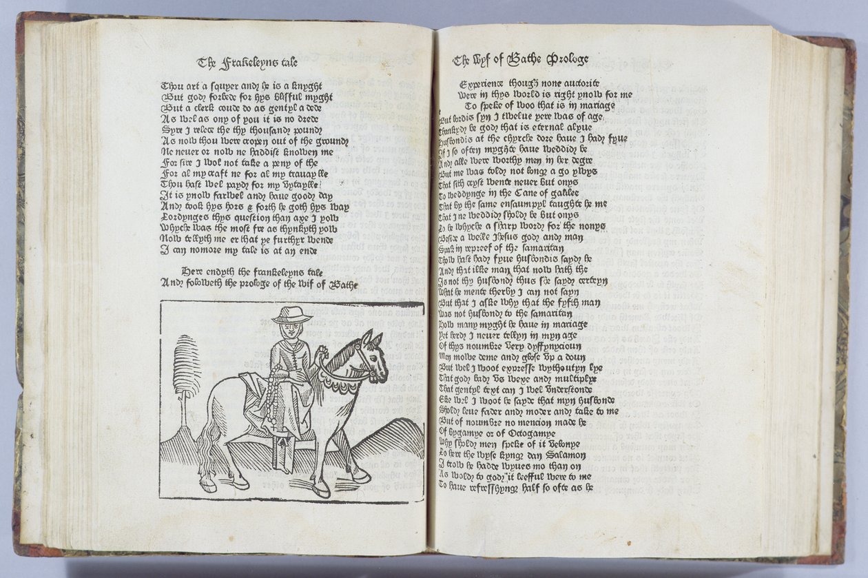 زوجة باث ، رسم توضيحي من "حكايات كانتربري" لجيفري تشوسر ، طبعها ويليام كاكستون (1422-91) بواسطة مدرسة اللغة الإنجليزية