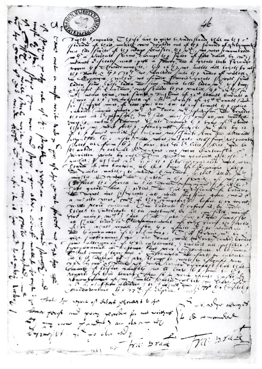 الرسائل المكتوبة للسير فرانسيس دريك (c.1540-96) من قادس ، 1587 (قلم وحبر على ورق) بواسطة مدرسة اللغة الإنجليزية