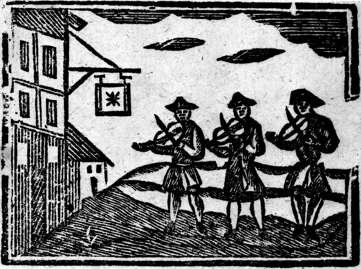 ثلاثة عازفين عابرون من كتاب من Roxburghe Ballads بواسطة مدرسة اللغة الإنجليزية