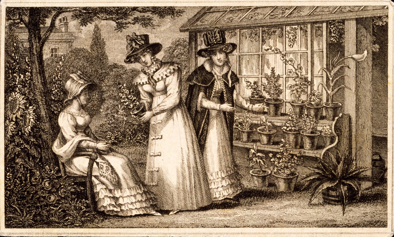 ثلاث سيدات الحدائق من قبل Potting Shed c.1820s بواسطة مدرسة اللغة الإنجليزية