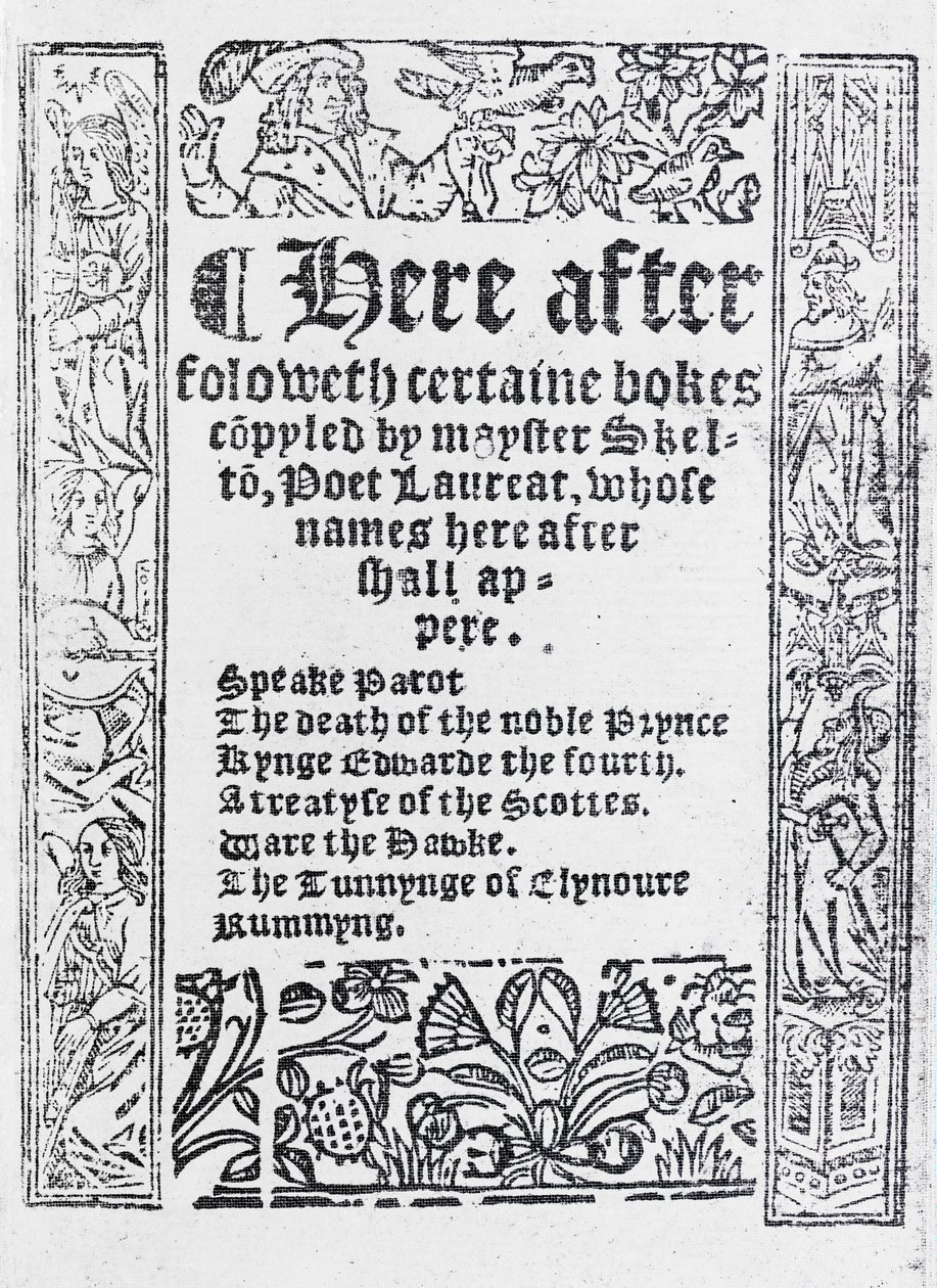 صفحة العنوان لـ &39;Certaine Bokes Copyed by Mayster Skelton&39; بقلم جون سكيلتون ، نُشرت عام 1550 (ورقة مطبوعة) بواسطة مدرسة اللغة الإنجليزية