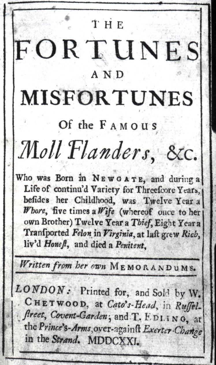 صفحة العنوان لـ "Moll Flanders" لدانيال ديفو ، نُشرت عام 1722 (ورقة مطبوعة) بواسطة مدرسة اللغة الإنجليزية