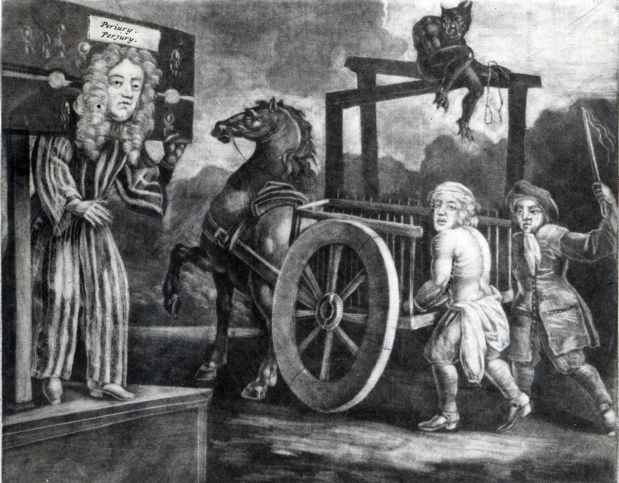 تيتوس أوتس في اليوم الثالث من عقوبته عام 1685 ، عندما تم تجريده وربطه بعربة وجلده من ألدغيت إلى نيوجيت بواسطة مدرسة اللغة الإنجليزية