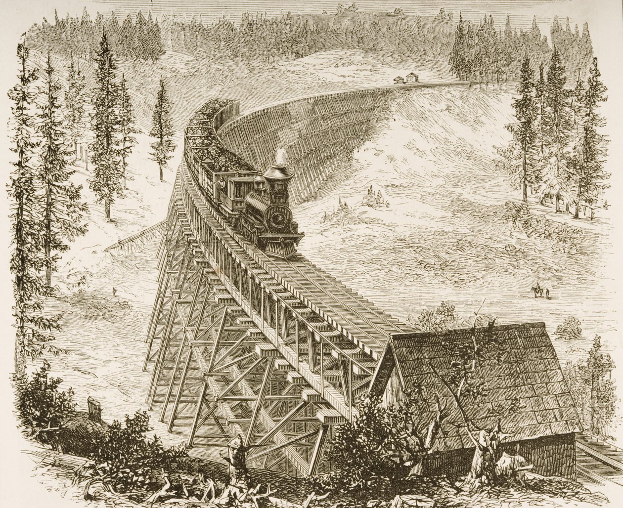 جسر Trestle على سكة حديد المحيط الهادئ ، سييرا نيفادا ، c.1870 ، من "الصور الأمريكية" ، نشرته جمعية المسالك الدينية ، 1876 بواسطة مدرسة اللغة الإنجليزية