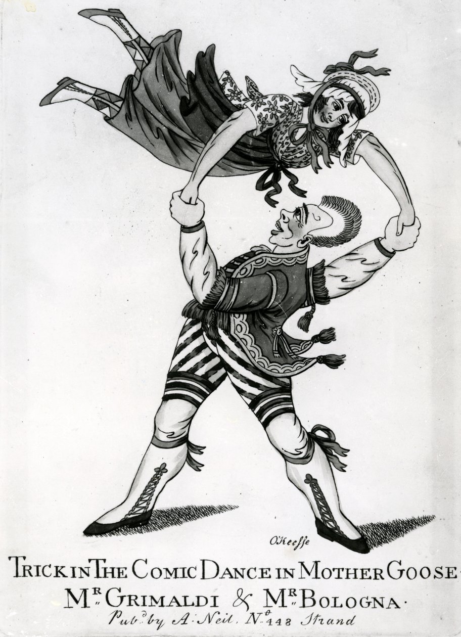 Trick in the Comic Dance in Mother Goose - Mr Grimaldi und Mr Bologna، طبع بواسطة O&39;Keeffe، c.1805 بواسطة مدرسة اللغة الإنجليزية