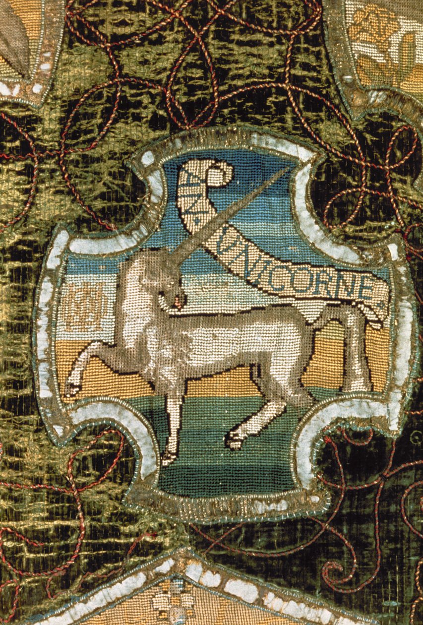 يونيكورن ، من Oxburgh Hanging ، من صنع ماري ملكة اسكتلندا (1542-1587) وإليزابيث تالبوت (1520-1608) كونتيسة شروزبري ، c.1570 (قماش كتان مطرز بالذهب والفضة والحرير في شارع الخيمة) بواسطة مدرسة اللغة الإنجليزية