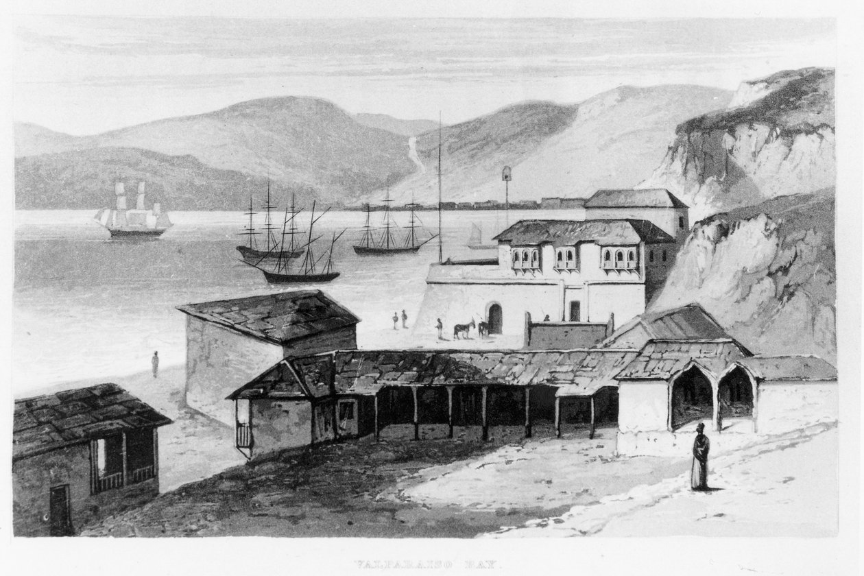 خليج فالبارايسو في عام 1820 ، من "رحلات في أمريكا الجنوبية" ألكسندر كالدكلو ، نُشر عام 1825 بواسطة مدرسة اللغة الإنجليزية