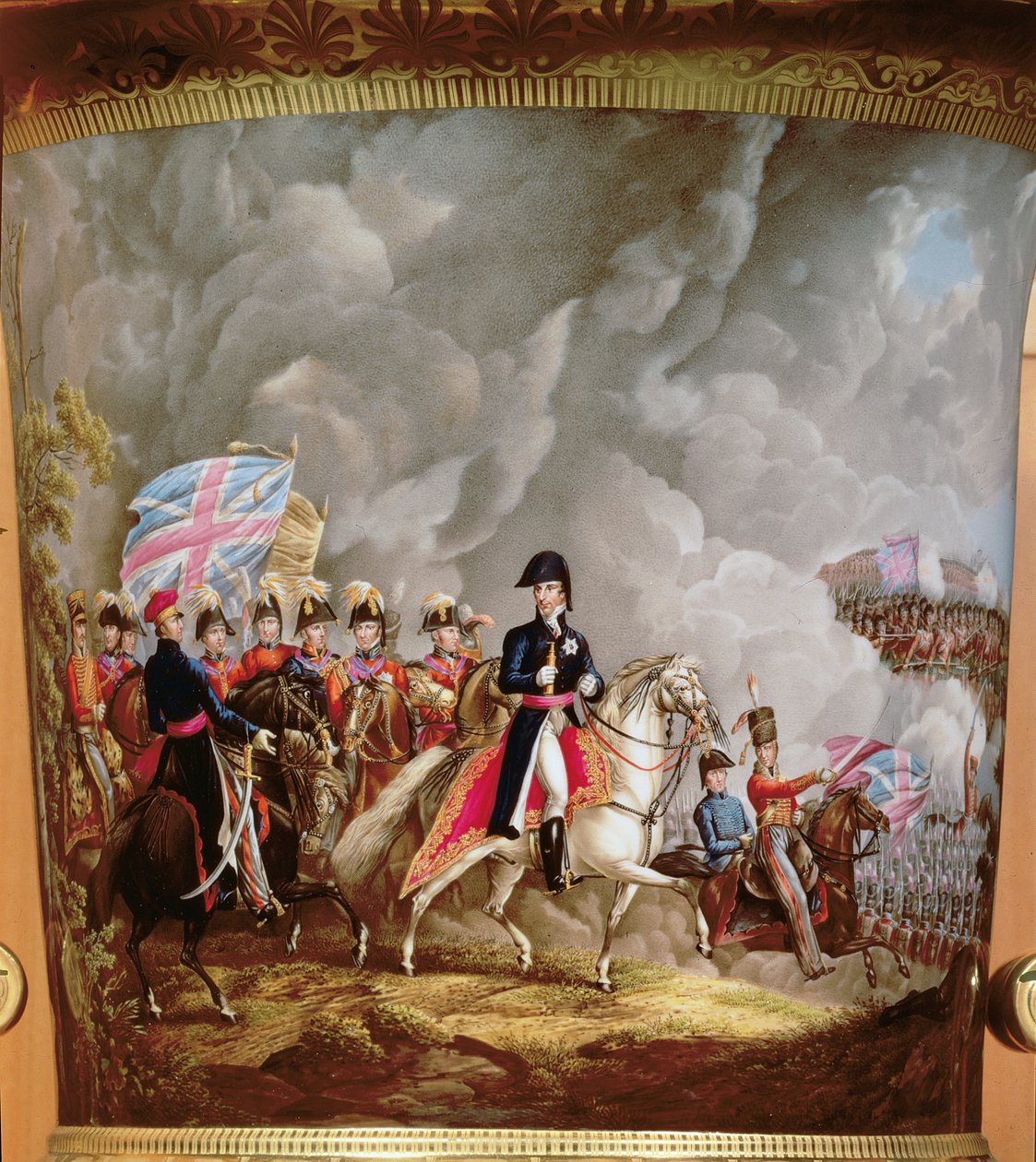 إناء مع تصوير ويلينغتون وضباطه في معركة واترلو عام 1815 (سيراميك) بواسطة مدرسة اللغة الإنجليزية